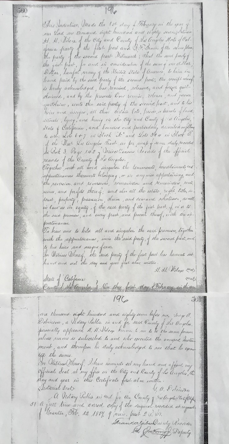 Los Angeles County Recorder Wilcox Deed 1887 Los Angeles County Recorder Wilcox Deed 1887